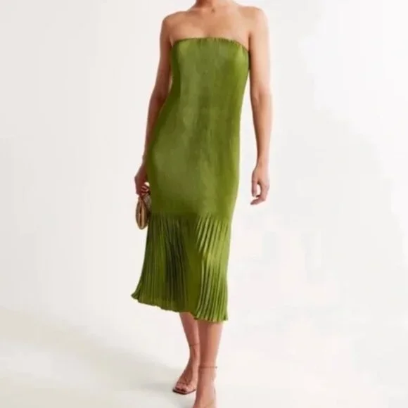 Abercrombie | Women's Strapless Pleat Release Midi Dress | Green - Picture 7 of 7